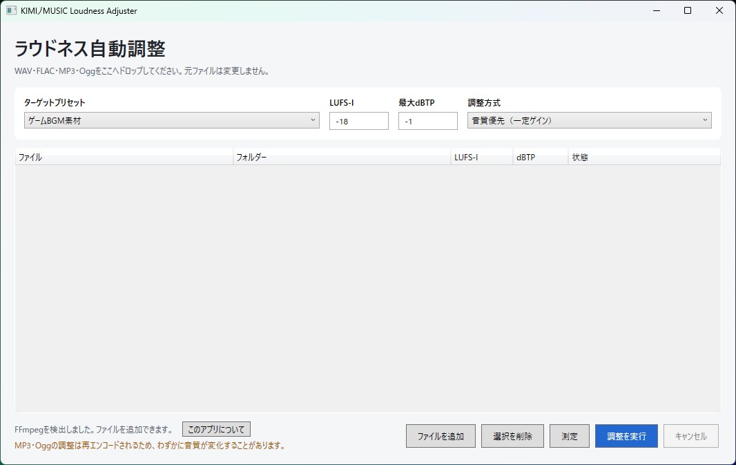 KIMIノMUSIC Loudness Adjusterのメイン画面